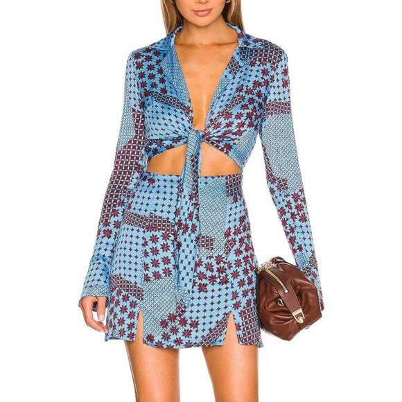Free People x REVOLVE Women’s Miki Long Sleeve Blue Sea Combo Printed Mini Dress - Picture 1 of 14